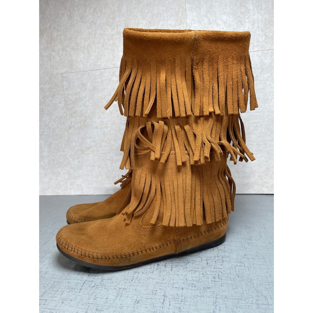 Minnetonka 3-Layer Fringe Suede Moccasin Boots Tan Brown Womens 8 Boho Fall